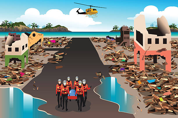 Rescue Teams Searching Through the Destroyed Building A vector illustration of rescue teams searching through the destroyed building during the tsunami drawing of the destroyed city stock illustrations