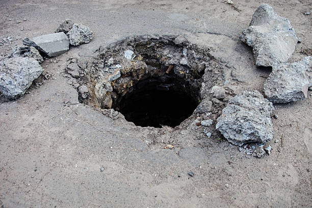 Broken manhole without cover in asphalt surface Broken manhole without cover in asphalt surface. dirt hole stock pictures, royalty-free photos & images