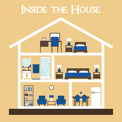 House. House interior. Inside the house. House cross. Cute dollhouse with furniture. House vector. House section on background. Flat style vector illustration house silhouette with furniture. 