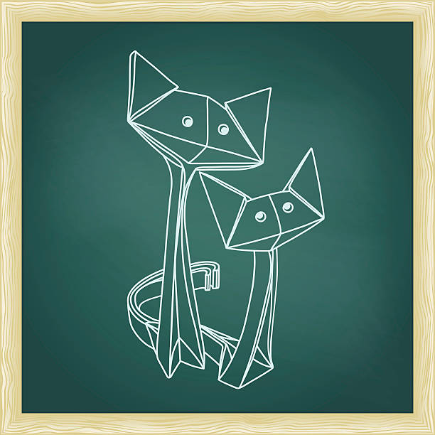 Drawing of cute origami cats in love. Drawing of cute origami cats in love. Used for wedding invitations, banners, advertising. Green chalkboard with frame cat origami stock illustrations