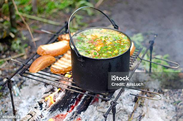 The Cooking Of Soup On The Fire Stock Photo - Download Image Now - Bread, Camping, Casserole