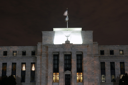 Federal Reserve building in Washington DC at night, USA