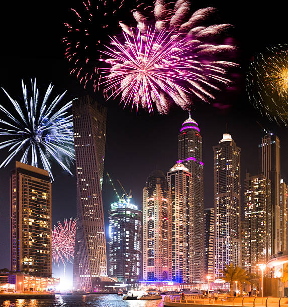 istock Dubai marina skyline with fireworks for the new year 497641454