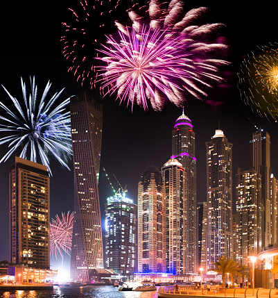 Dubai marina skyline with fireworks for the new year