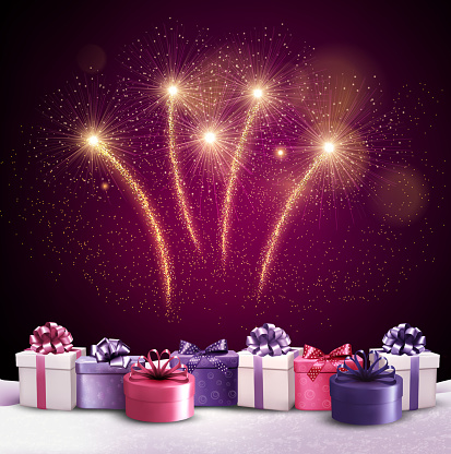 Beautiful festive background with fireworks and new year's presents. Vector.