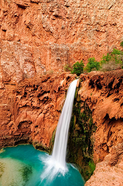 Mooney Falls Havasu Canyon Scenic waterfall in desert canyon oasis.  Captured as a 14-bit Raw file. Edited in 16-bit ProPhoto RGB color space. harasu canyon stock pictures, royalty-free photos & images