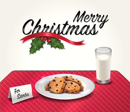Vector illustration of Cookies on plate, glass of milk and paper card with text 
