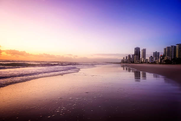 Sun coming up over the beach at Surfers Paradise on the Gold Coast in Queensland Australia