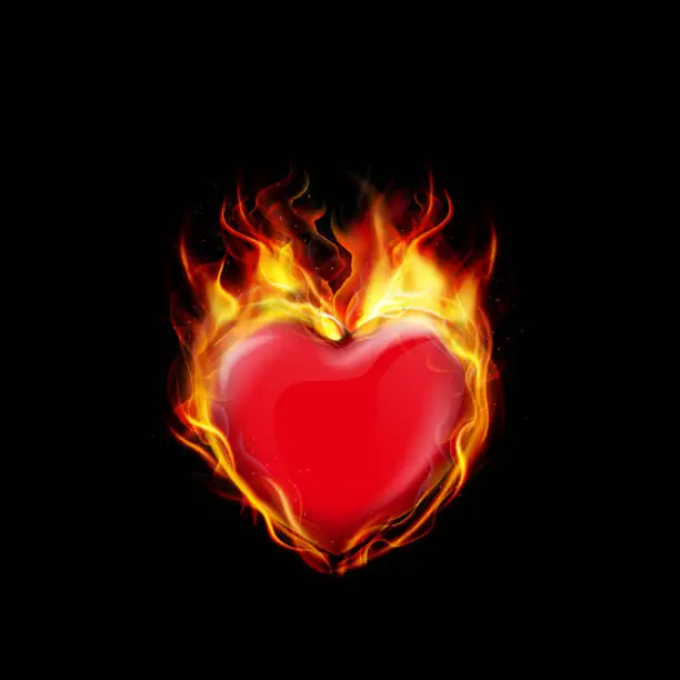 Vector illustration of Fire burning a heart on black background