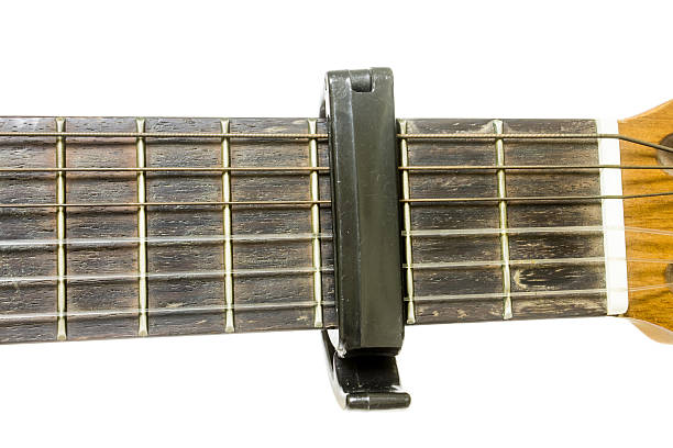 istock Classical guitar neck with a capo isolated on white 497662616