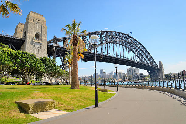 Sydney Harbour bridge in bright blue sky Side view of Sydney Harbour bridge in bright blue sky. sydney harbour bridge stock pictures, royalty-free photos & images