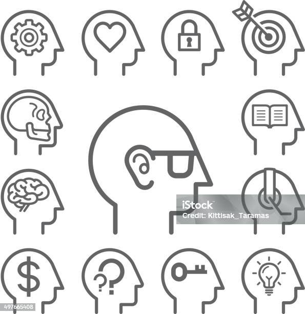 Head Line Icons Set Stock Illustration - Download Image Now - Heart Shape, Icon Symbol, Contemplation