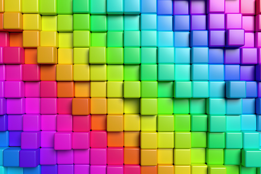 Abstract conceptual design of the wall: abstract colorful graphic background made of colored cubes in front view, 3d illustration