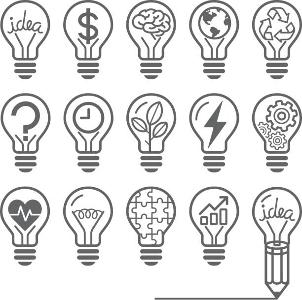 ilustraciones, imágenes clip art, dibujos animados e iconos de stock de bombilla concepto de iconos de estilo. - inspiration light bulb motivation lighting equipment