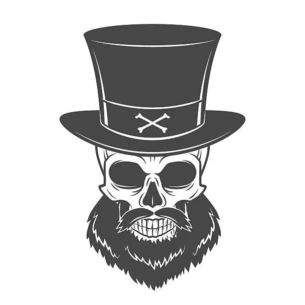 Vector illustration of Outlaw skull with beard and high hat portrait vector. Crossbones