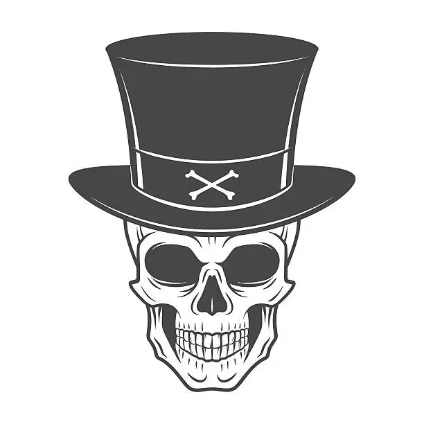 Vector illustration of Steampunk skeleton with high hat. Smiling victorian bandit template. Wanted