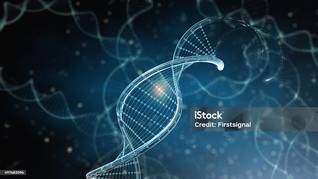 DNA Strings on dark background Computer generated image illustrating an exploding DNA String. This is a fictional science 3d illustration showing DNA. DNA Stock Photo