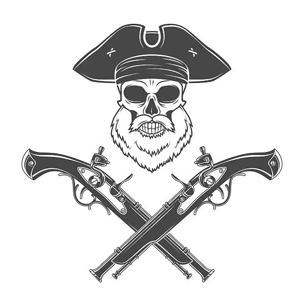 Vector illustration of Captain skull with beard in cocked hat vector. Jolly Roger