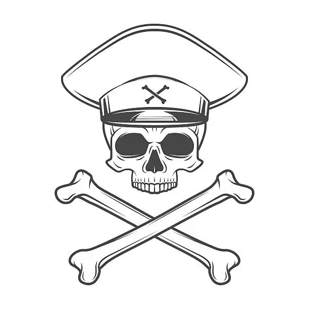 Vector illustration of Skull with general hat and cross bones. Dead crazy tyrant