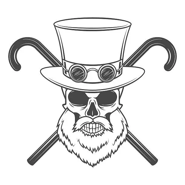 Vector illustration of Old bearded steampunk gentleman skull with goggles and cylinder hat