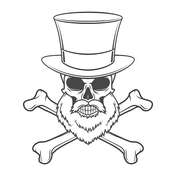 Vector illustration of Outlaw skull with beard, high hat and cross bones portrait