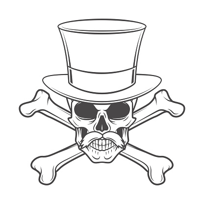 Outlaw skull with mustache, high hat and crossbones portrait. Crossbones head hunter template. Steampunk rover t-shirt insignia design.