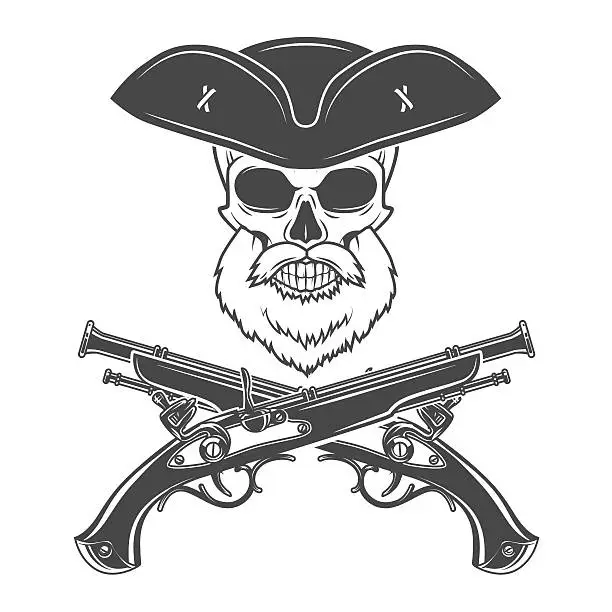 Vector illustration of Captain skull with beard in cocked hat vector. Edward Teach