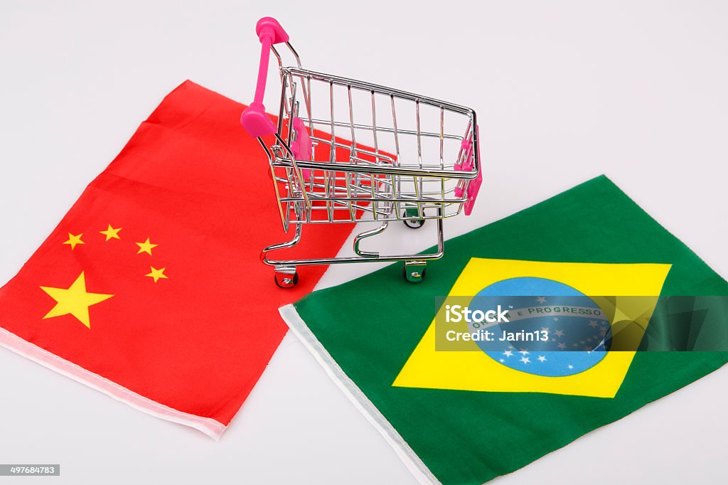 Shopping cart with Brasil and China flag ping shopping cart with Brasil and China flag Basket Stock Photo