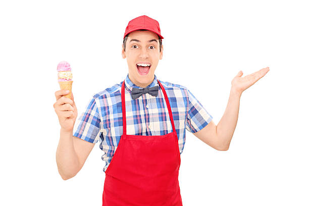 istock Excited ice cream vendor gesturing with hand 497685579