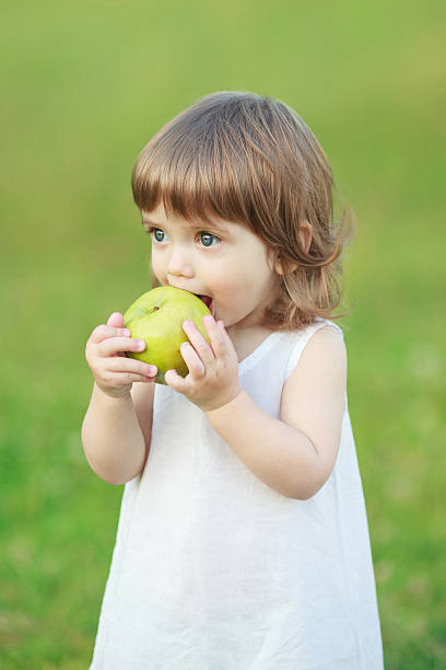istock Little girl eating an apple 497687633