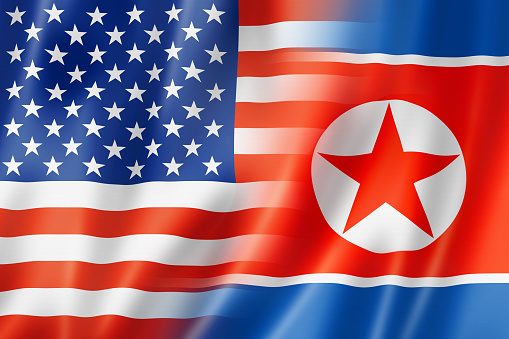 Mixed USA and North Korea flag, three dimensional render, illustration