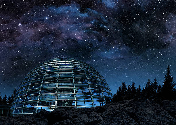 glass dome under the milky way futuristic glass dome under the milky way observatory photos stock pictures, royalty-free photos & images