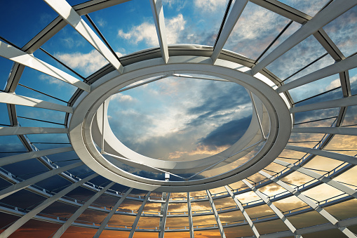 sunset over the roof of a futuristic dome