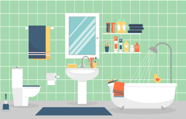 Modern bathroom interior with furniture in flat style. Vector illustration Modern bathroom interior with furniture in flat style. Design modern bathroom, toothpaste and toothbrush, razor and lotion. Vector illustration bathroom stock illustrations