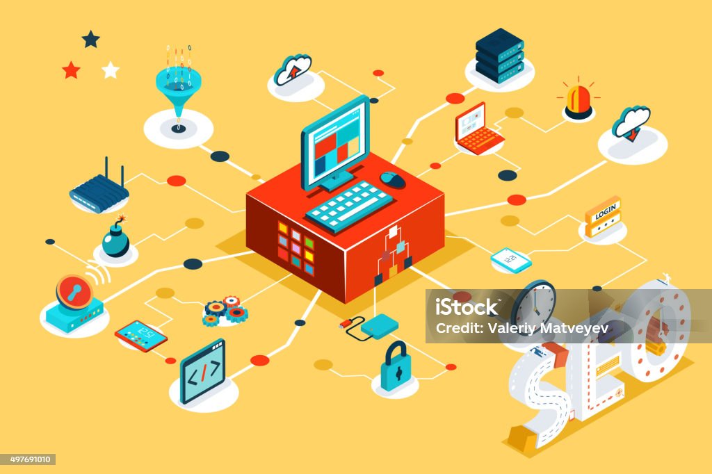 Isometric 3d seo infographic concept Isometric 3d seo infographic concept. Search data, online optimization, research information, project and keyword, link database, cloud filter. Vector illustration Analyzing stock vector