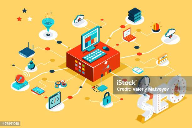Isometric 3d Seo Infographic Concept Stock Illustration - Download Image Now - Analyzing, Data, 2015