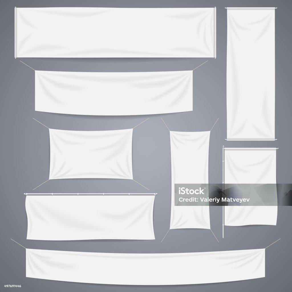 White textile banners with folds vector template set. Separate shadows White textile banners with folds template set. Separate shadow. Cotton and canvas, flag blank, advertising empty, vector illustration Banner - Sign stock vector