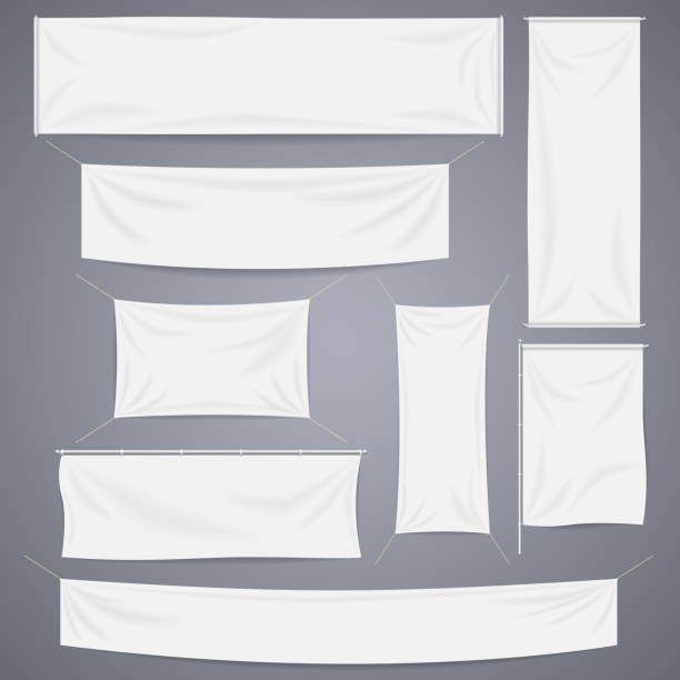White textile banners with folds vector template set. Separate shadows White textile banners with folds template set. Separate shadow. Cotton and canvas, flag blank, advertising empty, vector illustration hanging fabric stock illustrations