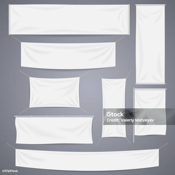 White Textile Banners With Folds Vector Template Set Separate Shadows Stock Illustration - Download Image Now