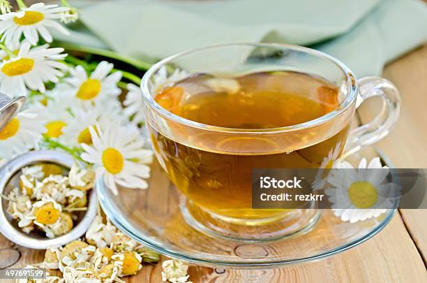 Herbal Chamomile Tea In Cup With Strainer On Board Stock Photo - Download Image Now - Alternative Therapy, Backgrounds, Blossom