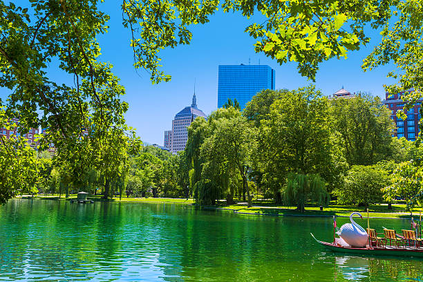 Boston Common lake and skyline in Massachusetts