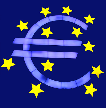 Euro sign with 12 stars - Sign in front of the European Central Bank in Frankfurt