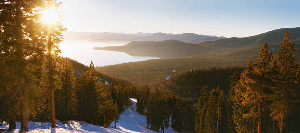 Sunset in lake tahoe ski resort stock photo