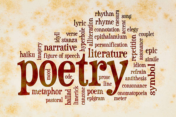poetry word cloud on vintage paper poetry word cloud on old paper with yellow and brown stains from vintage book poetry literature photos stock pictures, royalty-free photos & images