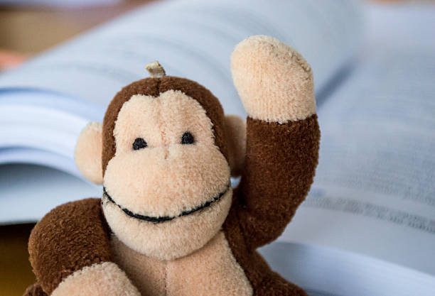 istock Child's Monkey Toy Raising Hand/Asking a Question Book Background 497708868