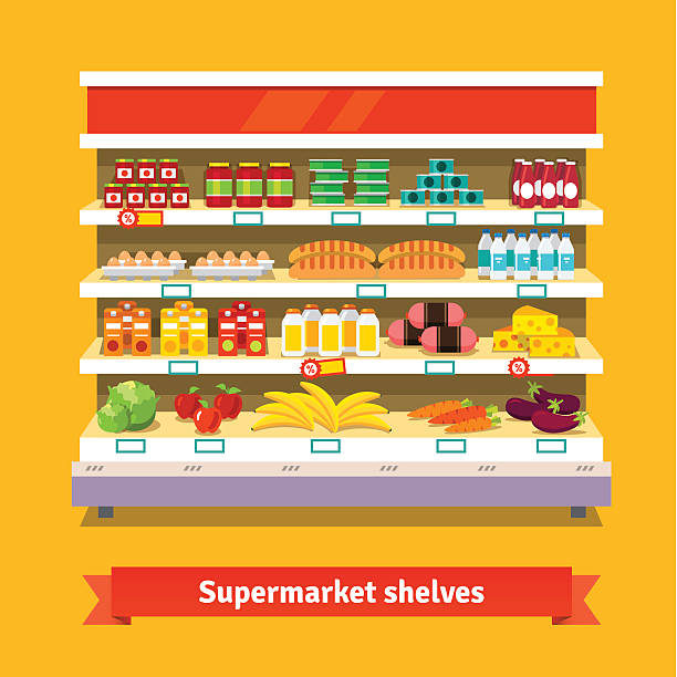 Shop, supermarket interior. Healthy food Shop, supermarket interior shelf with fruits, vegetables, milk, eggs drinks, preserves. Healthy food. Flat isolated vector illustration on white background. supermarket aisles vector stock illustrations