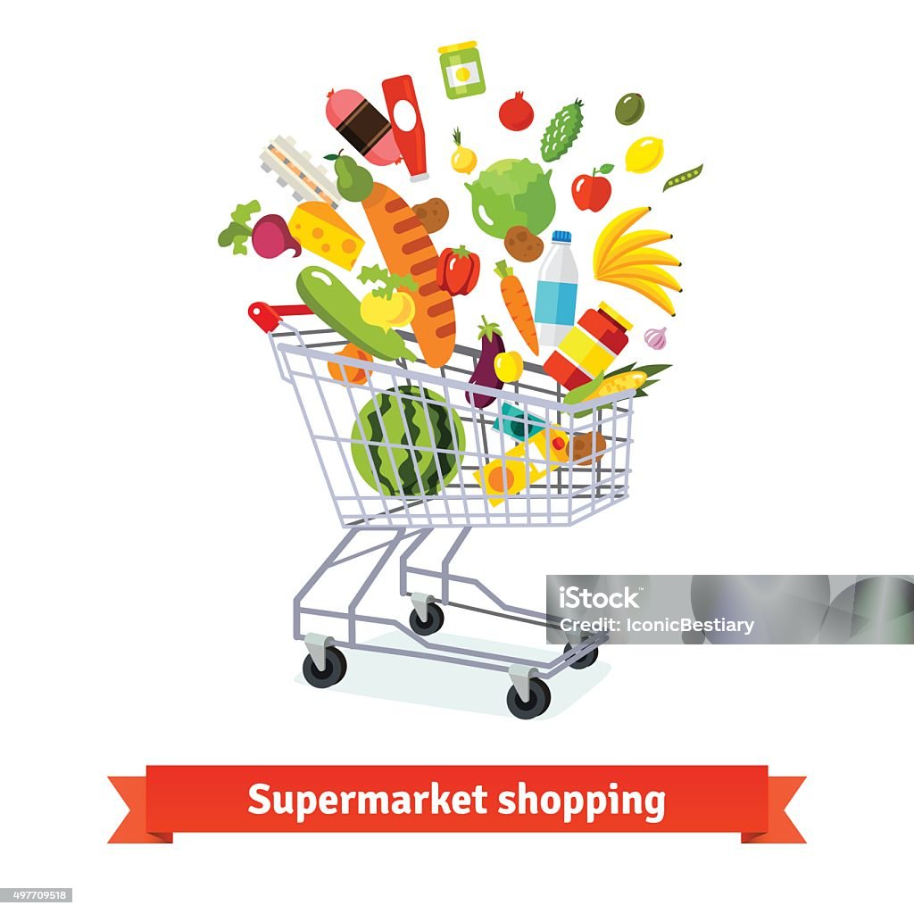 Full shopping grocery cart exploding with goods Full shopping grocery cart exploding with goods. Flat isolated vector illustration and icons on white background. Shopping Cart stock vector