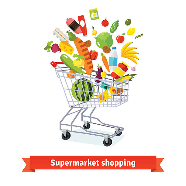 Full shopping grocery cart exploding with goods Full shopping grocery cart exploding with goods. Flat isolated vector illustration and icons on white background. cart illustrations stock illustrations