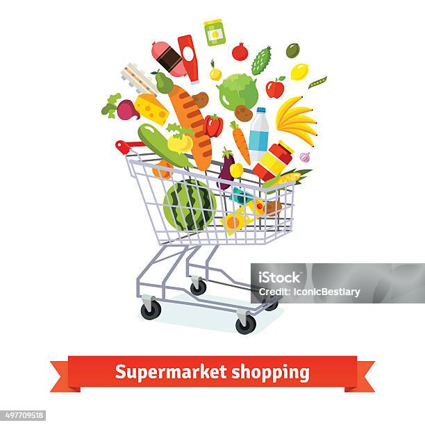 Full Shopping Grocery Cart Exploding With Goods Stock Illustration - Download Image Now - Shopping Cart, Full, Food