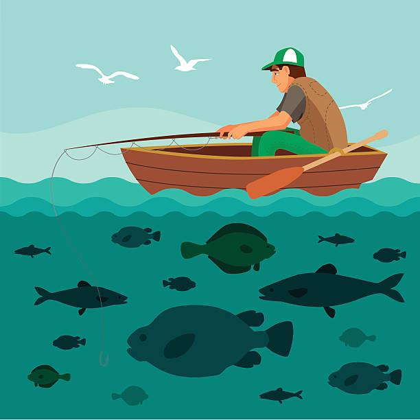 ilustrações de stock, clip art, desenhos animados e ícones de homem no barco de pesca. lotes de peixes - recreational boat small nautical vessel sea